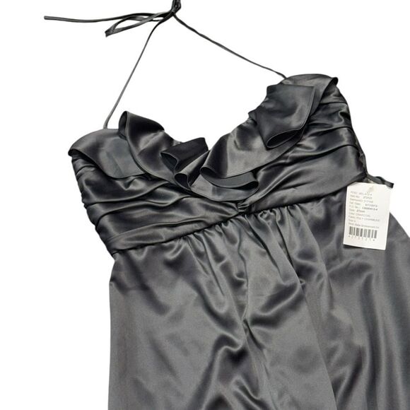 💃 NWT AMSALE charcoal Ruffle Trim Sweetheart neckline Halter Formal midi dress - Picture 3 of 7